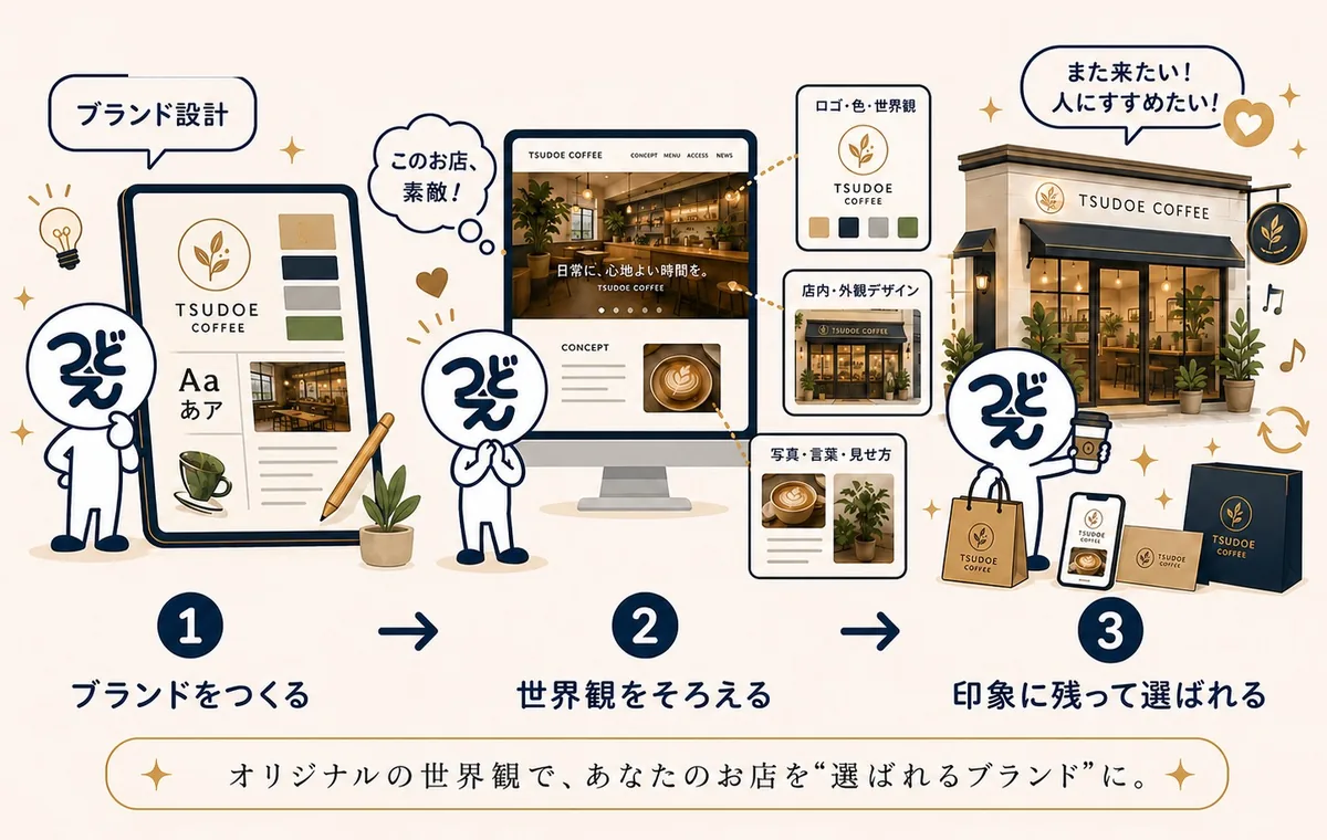 3つの流れの絵。1 ロゴや色を決めてブランドをつくる。2 ホームページ、店内、紙ものまで世界観をそろえる。3 印象に残って選ばれる。