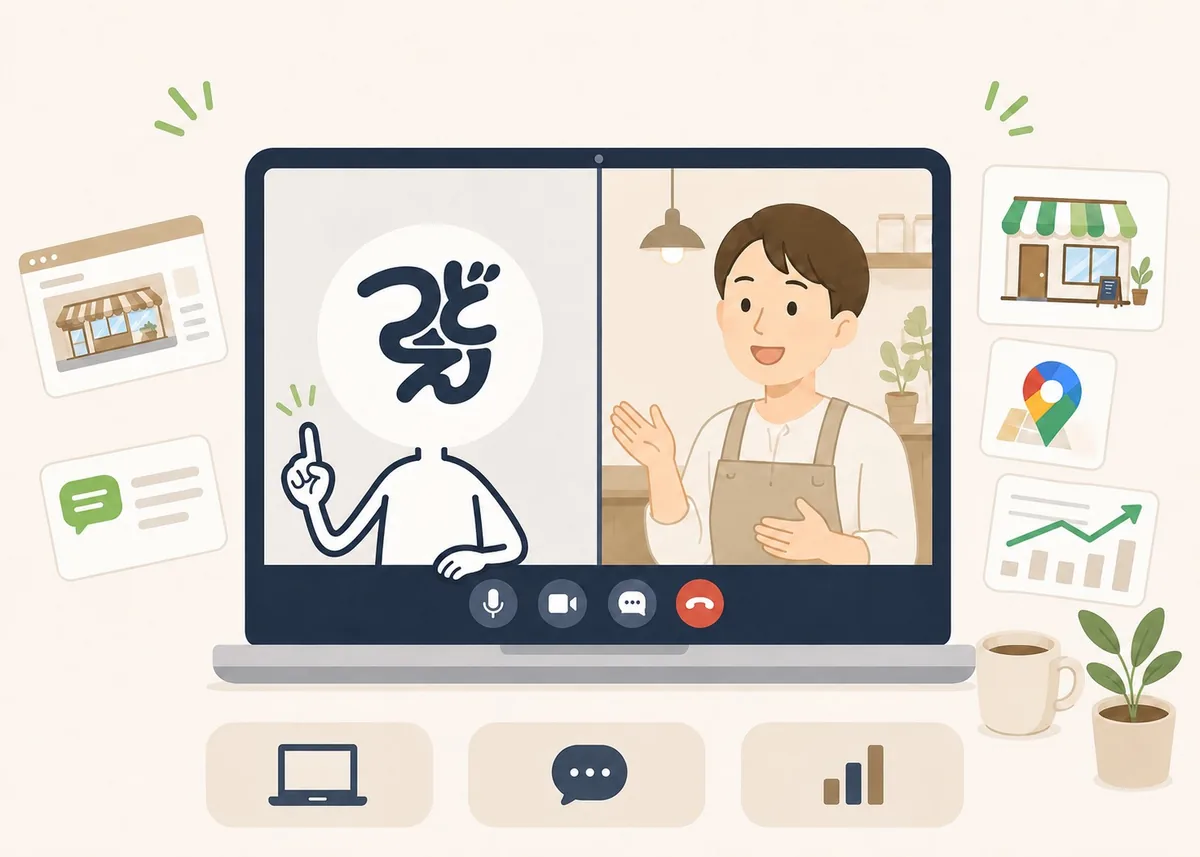 オンライン相談の絵。ノートパソコンの画面ごしに、つどえのマスコットと店主さんがビデオ通話で話している。