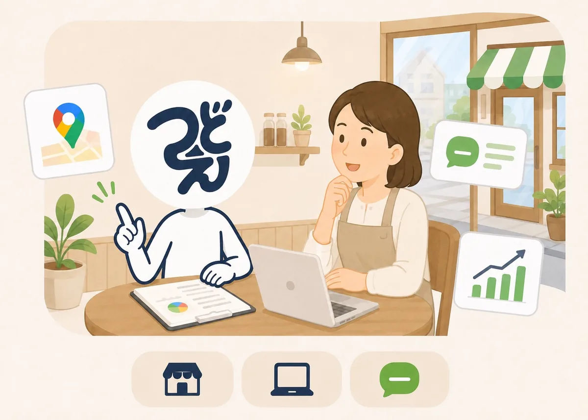 店舗相談の絵。お店のテーブルで、つどえのマスコットが資料とパソコンを挟んで店主さんと話している。