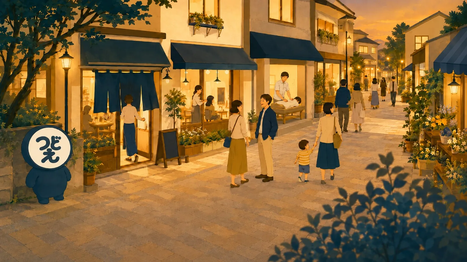 夕暮れの商店街の絵。個人店に灯りがともり、のれんをくぐる人や店先で立ち話をする人でにぎわっている。通りの端では、つどえのマスコットが町を眺めている。
